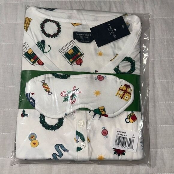 kate spade XL White Christmas Long Sleeve Henley Jogger Sleep Mask PJ Set - Picture 2 of 4
